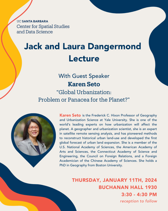 Advert with Karen Seto on the left for the Dangermond Lecture