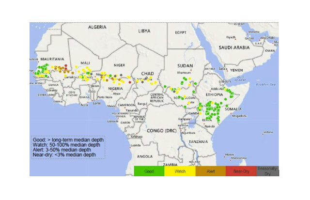 Web interface for the existing FEWS NET Water Point Viewer showing water availability for November 15, 2023. The Water Point Viewer is being updated as part of the Earth Observation-Based Monitoring and Forecasting of Rangeland Water Resources project. Credit: FEWS NET and ClimateLinks.org