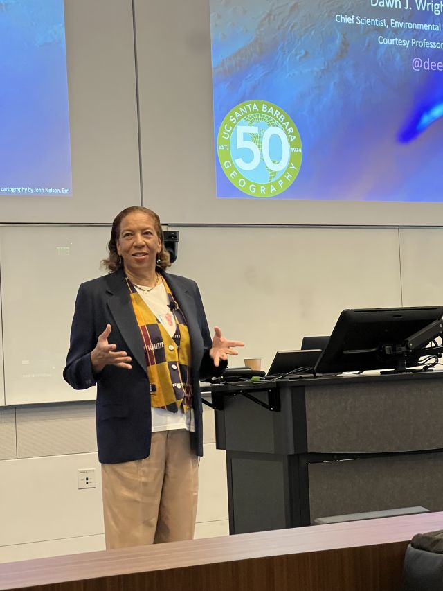 Dr. Dawn Wright speaking at her keynote. Photo provided by Dr. Dawn Wright.
