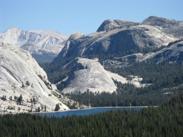 DOZIER DOME (BEHIND PYWIACK DOME) IN SEPTEMBER FROM THE HIGHWAY ACROSS TENAYA LAKE